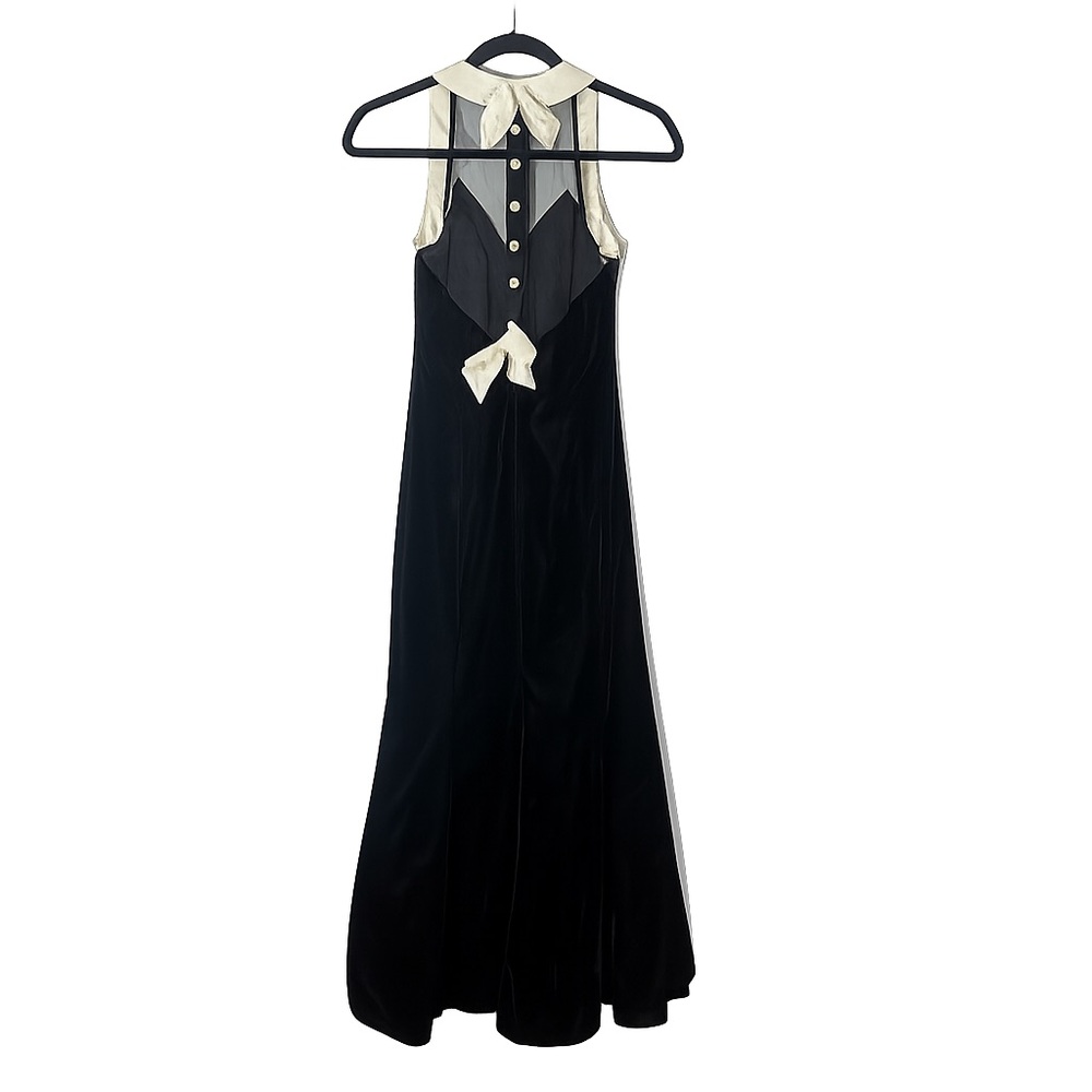 Vintage 90s De Laru Black Velvet Maxi Dress Cream Satin Bow Coquette Formal Gown